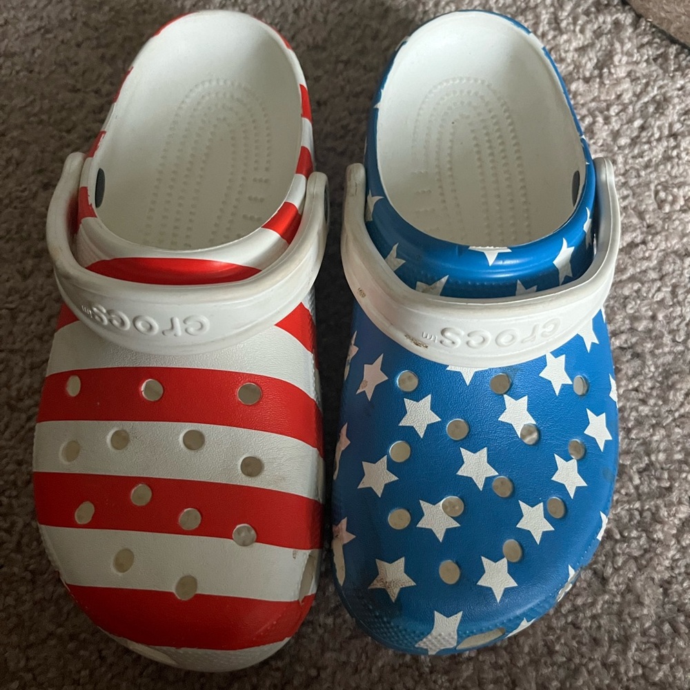 American flag crocs worn twice